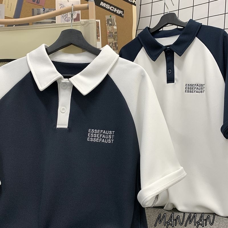 MANMAN เสื้อสั้นสำหรับชาย เสื้อผ้าในฤดูร้อน แขนเสื้อแบบเสียบit  เสื้อโปโลที่มีสีแตกต่าง