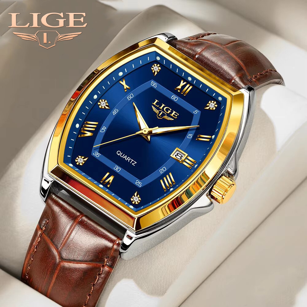 LIGE นาฬิกาผู้ชาย Original นาฬิกาควอตซ์หนังแฟชั่นกันน้ํา Luminous Diamond Dial วันที่คู่นาฬิกาข้อมือ