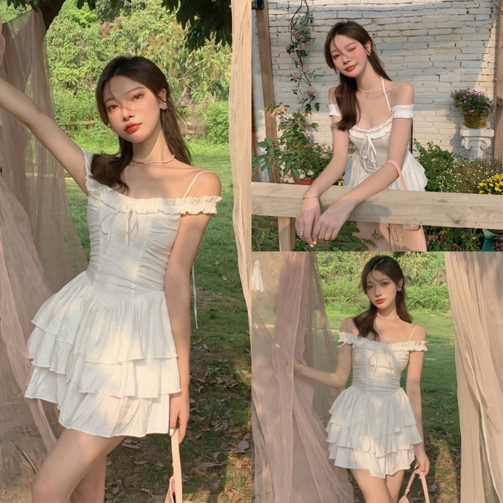 Bella Shop ชุดเดรสไหล่เดียวเซ็กซี่สไตล์อ่อนโยนสไตล์ฝรั่งเศสผู้หญิง