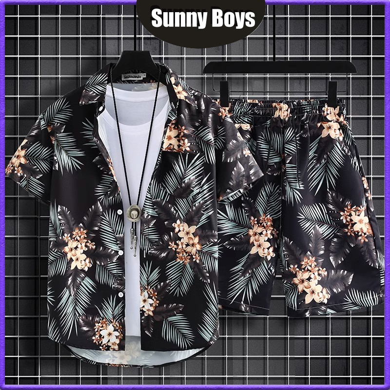 🏝️สําหรับผู้ชายเสื้อเชิ้ตชายหาดไซส์ใหญ่สําหรับผู้ชาย+กางเกงขาสั้นสําหรับผู้ชายชุดฮาวาย