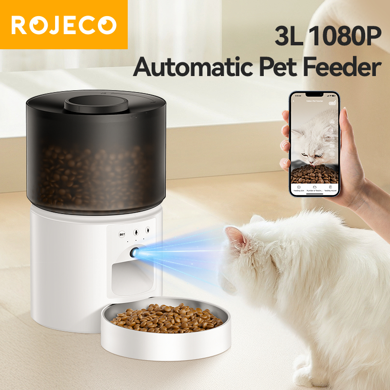Rojeco 3L เครื่องให้อาหารแมวอัตโนมัติพร้อมกล้องเครื่องบันทึกเสียงอัจฉริยะรีโมทคอนโทรลเครื่องป้อนอัตโนมัติสําหรับแมวสุนัข