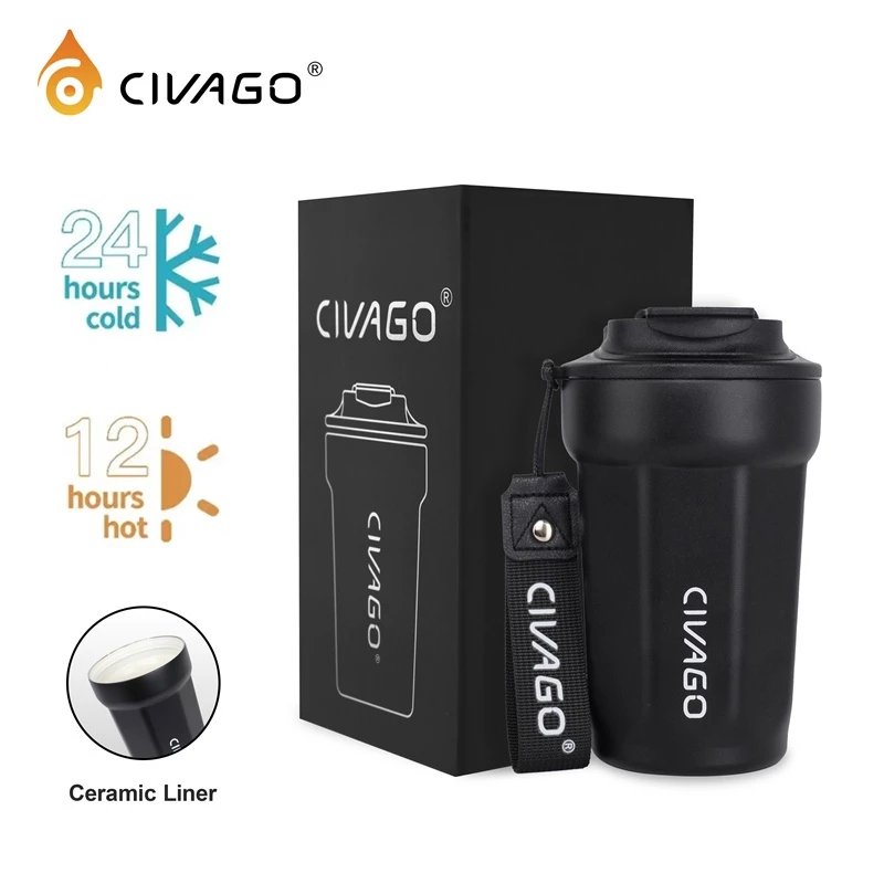 CIVAGO(13oz/390ml)แก้วกาแฟสแตนเลสซับเซรามิกพร้อมฝาปิดกระติกน้ําสูญญากาศแก้วน้ําร้อนและเย็น