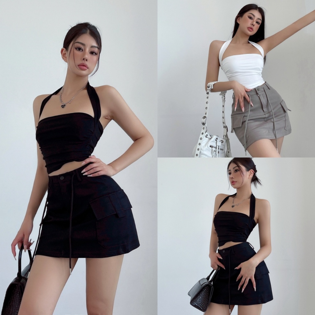 Bella Shop เสื้อกั๊กเกาะอกเซ็กซี่ย้อนยุคแบบอเมริกันพร้อมสายเอี๊ยมสั้นเพรียวบาง