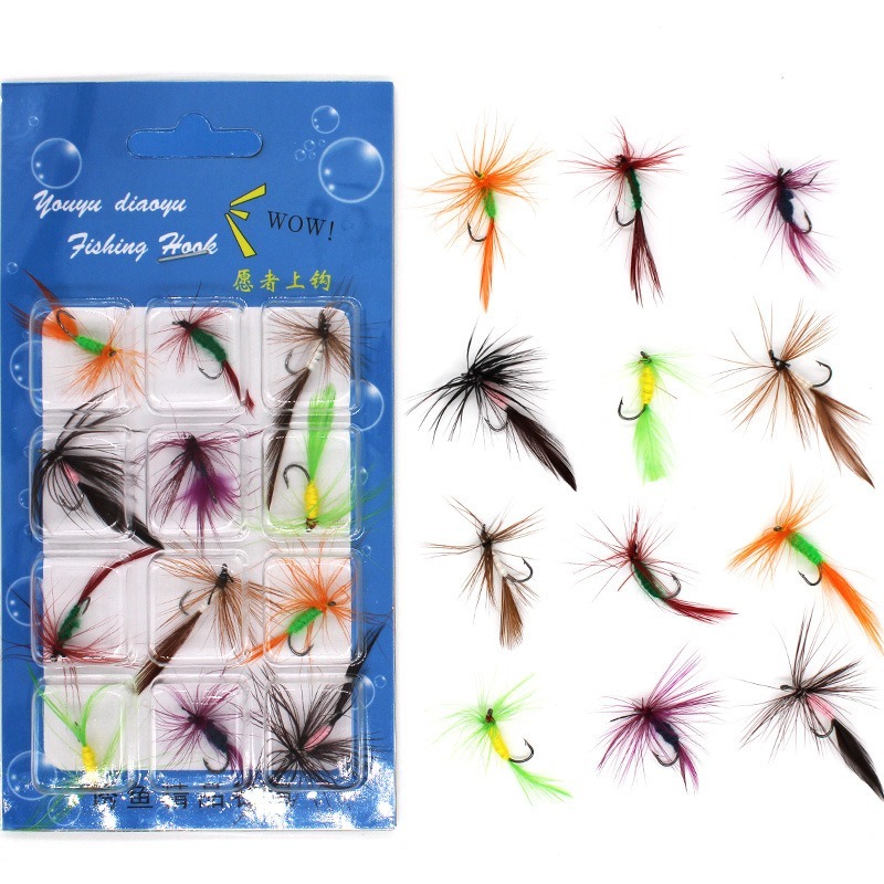 12 ชิ้นชนิดบรรจุกล่องผีเสื้อ Fly Hook ชุดตกปลา Feather Fishhook แมลง Lure เหยื่อ