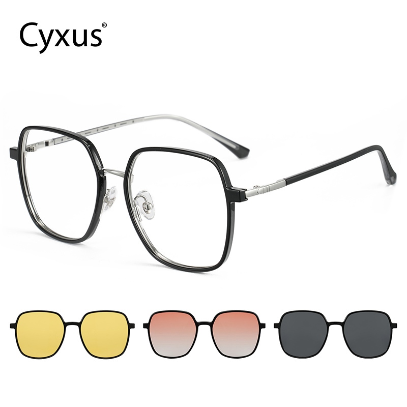 Cyxus 3 In1 Square Magnetic แว่นตากันแดดผู้หญิง/ผู้ชายโพลาไรซ์แม่เหล็ก Tr90 คลิปแว่นตากันแดดฟรี 3 เลนส์ P1578