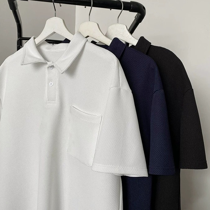 ProMan-เสื้อโปโลวาฟเฟิลด์ แขนสั้นคอปกผู้ชาย เรียบง่าย ลำลองแมทช์ลุคง่าย แบบหลวม