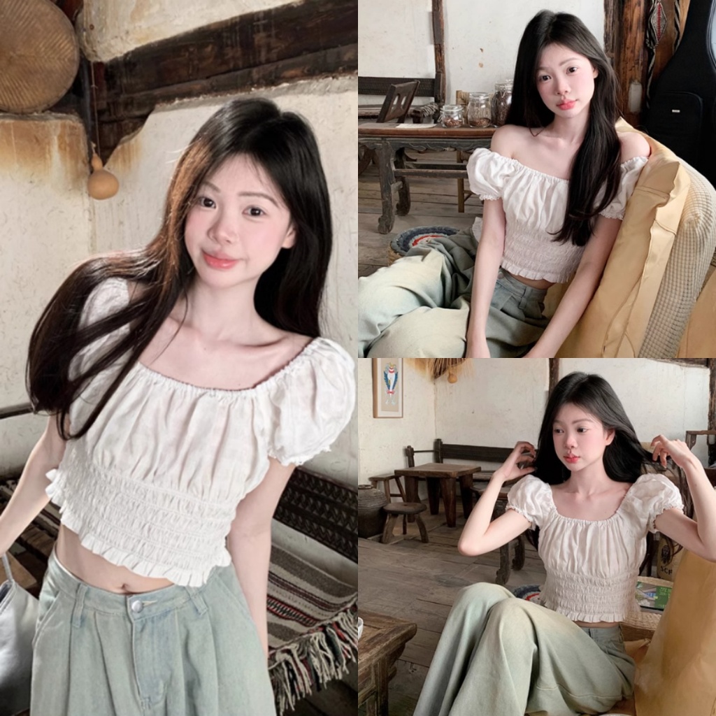Bella Shop แขนพัฟไหล่เดียวฝรั่งเศสแขนสั้นจีบสั้นตัดสั้นเสื้อครอปผู้หญิง