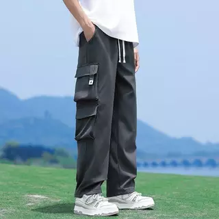 M-5XL กางเกงคาร์โก้สีดําผู้ชายแฟชั่นหลวมขนาดบวกกางเกงขายาวลําลองตรง กางเกงผู้ชาย