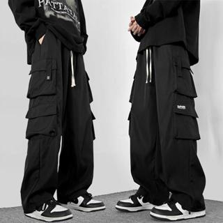 M-5XL กางเกงคาร์โก้สีดําผู้ชายแฟชั่นหลวมขนาดบวกกางเกงขายาวลํ…