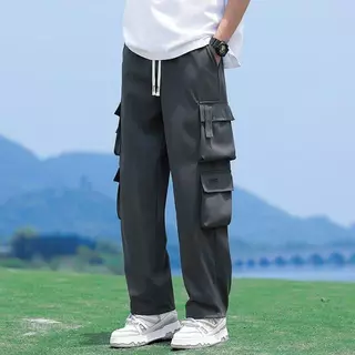 M-5XL กางเกงคาร์โก้สีดําผู้ชายแฟชั่นหลวมขนาดบวกกางเกงขายาวลําลองตรง กางเกงผู้ชาย