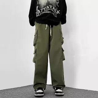 M-5XL กางเกงคาร์โก้สีดําผู้ชายแฟชั่นหลวมขนาดบวกกางเกงขายาวลําลองตรง กางเกงผู้ชาย
