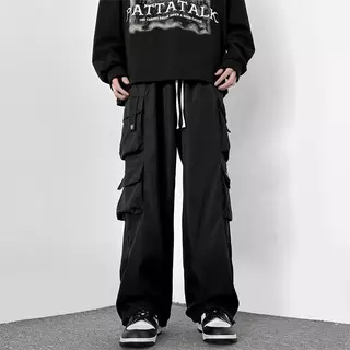 M-5XL กางเกงคาร์โก้สีดําผู้ชายแฟชั่นหลวมขนาดบวกกางเกงขายาวลําลองตรง กางเกงผู้ชาย