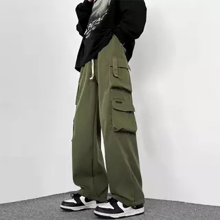 M-5XL กางเกงคาร์โก้สีดําผู้ชายแฟชั่นหลวมขนาดบวกกางเกงขายาวลําลองตรง กางเกงผู้ชาย