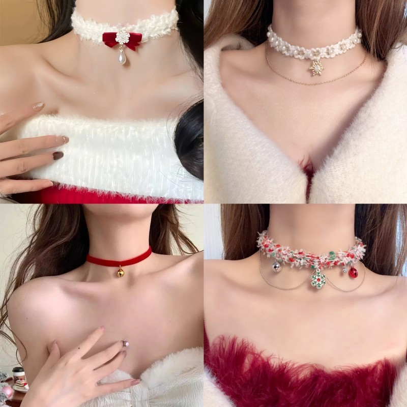เครื่องประดับคริสต์มาสใหม่เกล็ดหิมะโบว์ระฆังตุ๊กตาคอโซ่กระดูกไหปลาร้าโซ่เค้นคอแฟชั่นสร้อยคอคริสต์มาส