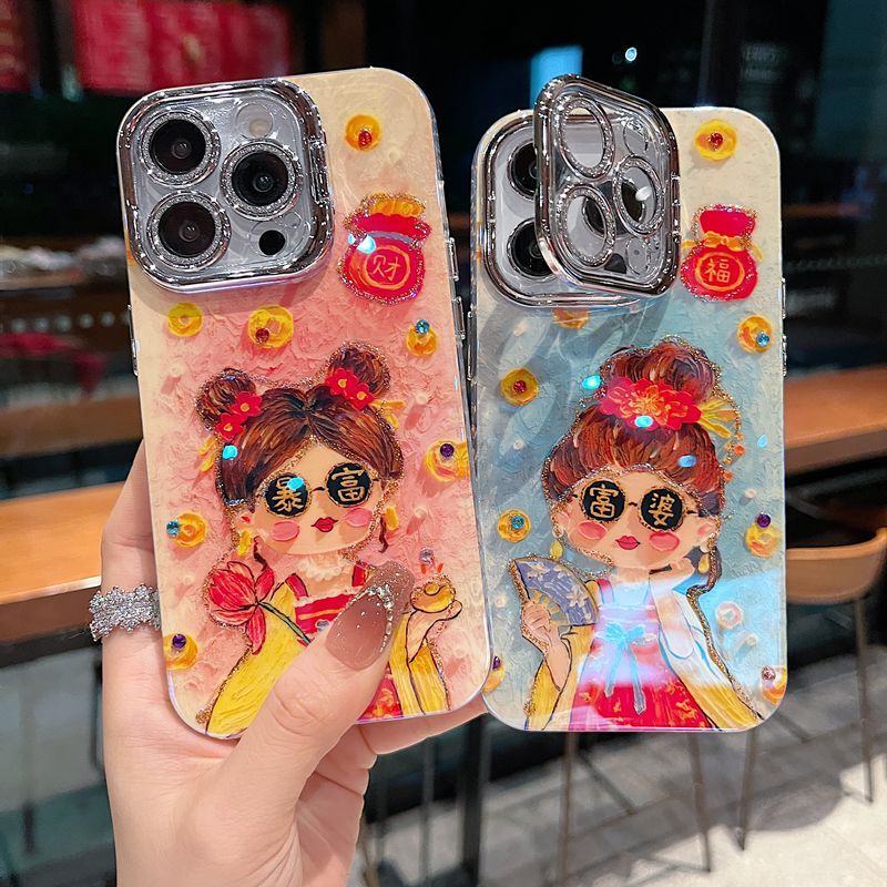 สไตล์จีนสาวน่ารักสีชมพูสีฟ้ากรณี rhinestone พร้อมฟิล์มเลนส์พลิกกรณีซีรีส์ iPhone เหมาะสําหรับ iPhone 16promax กรณี 15promax 14promax 16pro 15pro 16 15 14 13 กรณี