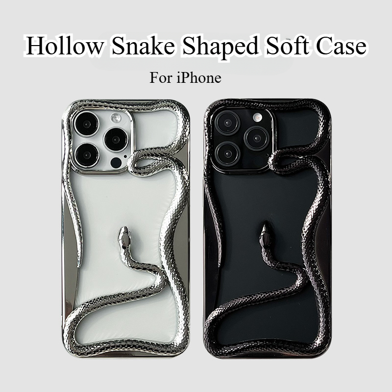 3d Snake Hollow Electroplating สีนุ่มสําหรับ iPhone 16 15 14 13 12 11 Pro Max 14 15 16 Plus Full Creative Coverage กระจกรูขนาดใหญ่ Anti Falling ฝาครอบ