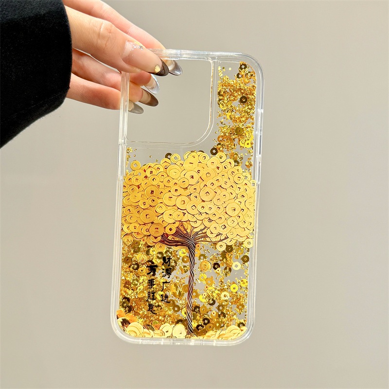 สไตล์ใหม่ 11 ฟอยล์สีทอง Glitter 12 Money Tree 13 Liquid Flowing 14 Creative เหมาะสําหรับ Apple 16promax เคสโทรศัพท์ 16plus High-End iPhone15 Shock-resistant กรณี