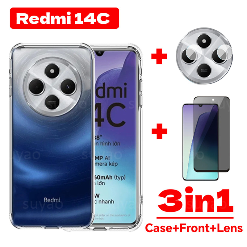 สําหรับredmi 14C Xiaomi Poco C75 3in1 เคสโทรศัพท์ปลอกใสRedmi14C PocoC75 13C C65 กันกระแทกนุ่มTPU Anti-Spyเต็มความเป็นส่วนตัวกระจกนิรภัยPeekกระจกป้องกันหน้าจอเลนส์ฟิล์มClass