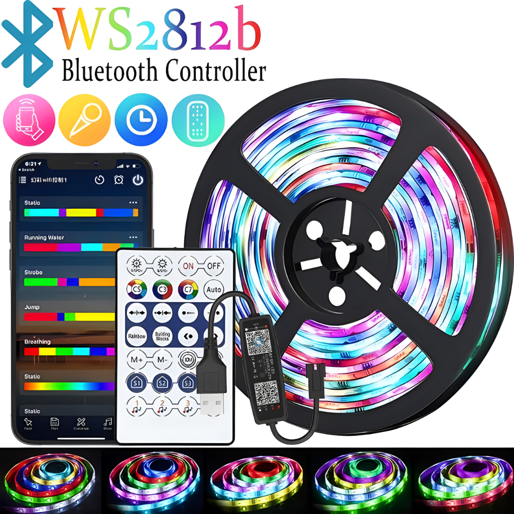 USB 5V WS2812B RGBIC LED Strip Light บลูทูธ App ควบคุม Magic สีเทปยืดหยุ่นสําหรับ TV Backlight PC Ga