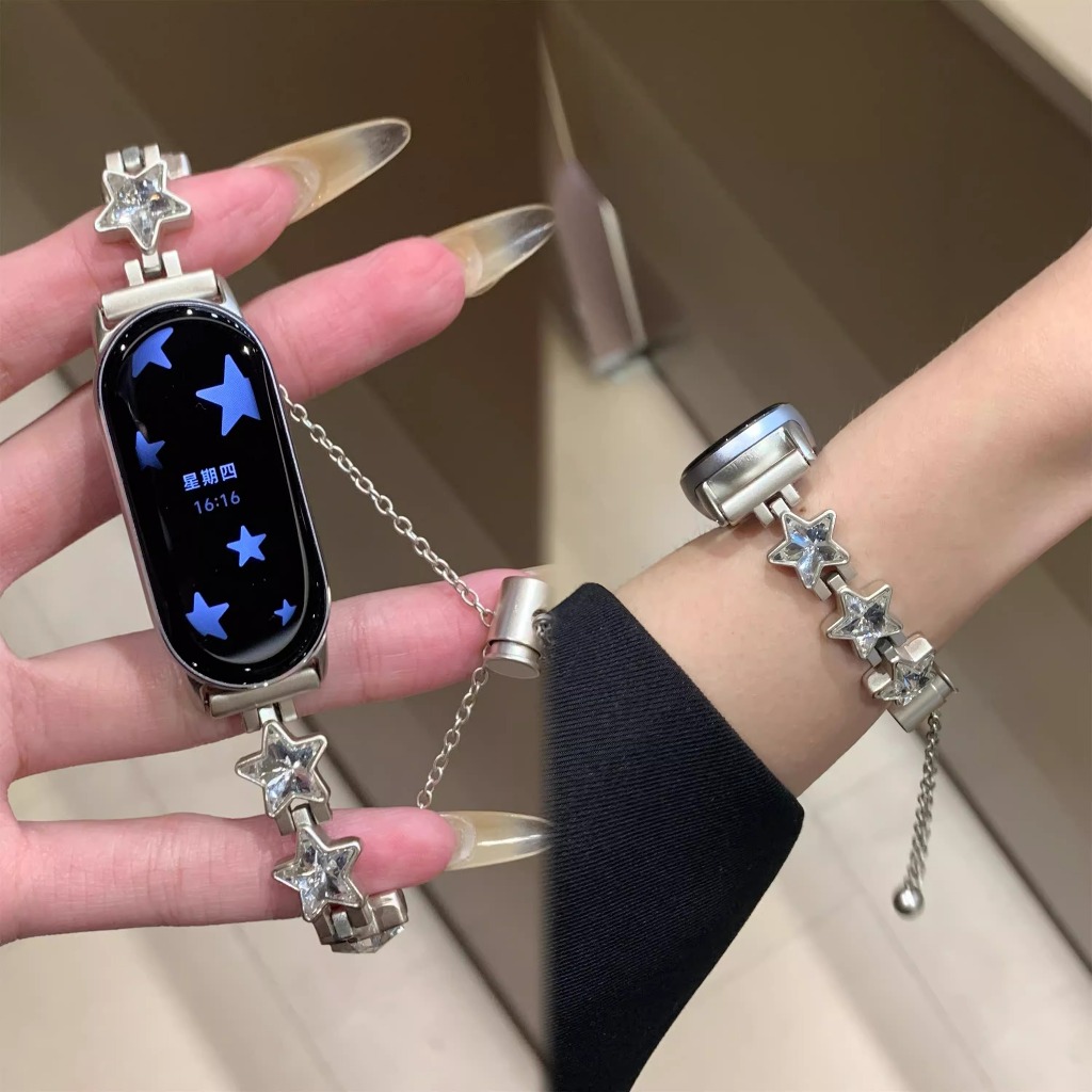 แฟชั่นผู้หญิงสร้อยข้อมือโลหะ Star สําหรับ Xiaomi Mi Band 9 8 7 6 5 4 3 สายคล้องคอโลหะสายรัดข้อมือลูก