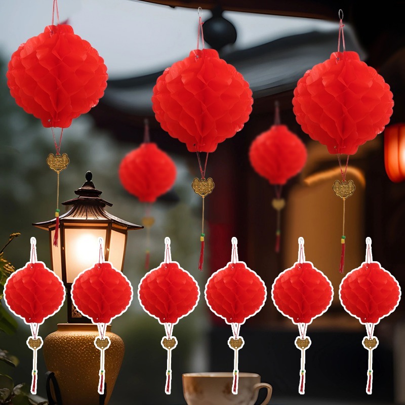 [ ที่โดดเด่น ] โคมไฟกระดาษสีแดงตรุษจีน - จี้โคมไฟปีใหม่ - ตกแต่งแขวนรูปรังผึ้งแบบดั้งเดิม - อุปกรณ์จัดงานแต่งงานเทศกาลฤดูใบไ