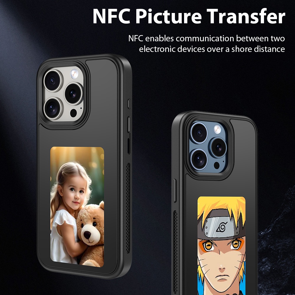 เคสโทรศัพท์อัจฉริยะหน้าจอหมึก เข้ากันได้กับ iPhone 15-14-13, ภาพ DIY การส่งสัญญาณ NFC, จอแสดงผลยาวนานสีดํา