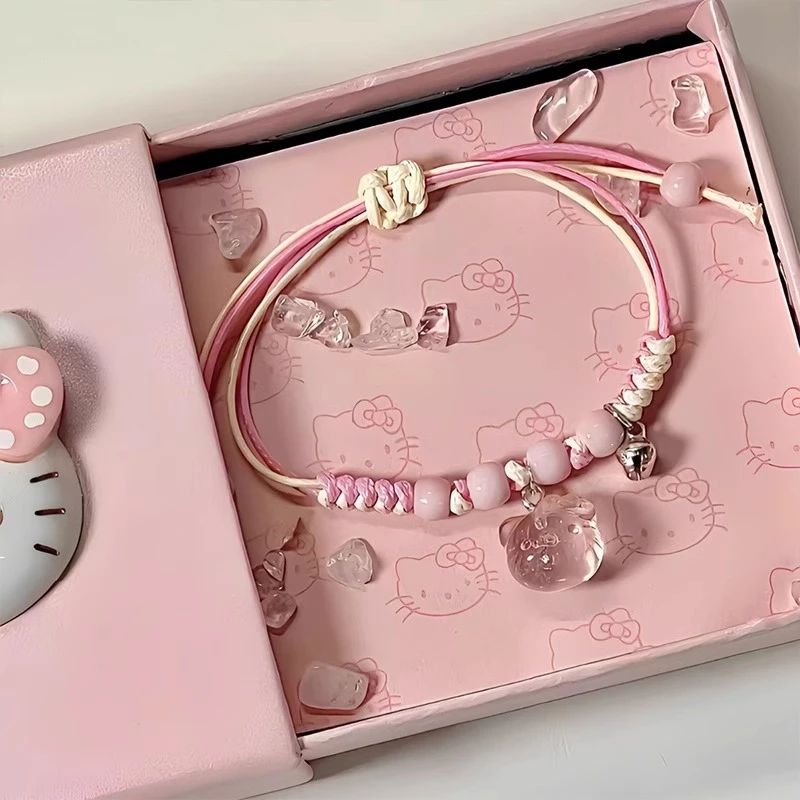แฟชั่นเกาหลีสีชมพูถัก HelloKitty สร้อยข้อมือสําหรับผู้ชายและผู้หญิง ins ของขวัญเพื่อนที่ดี