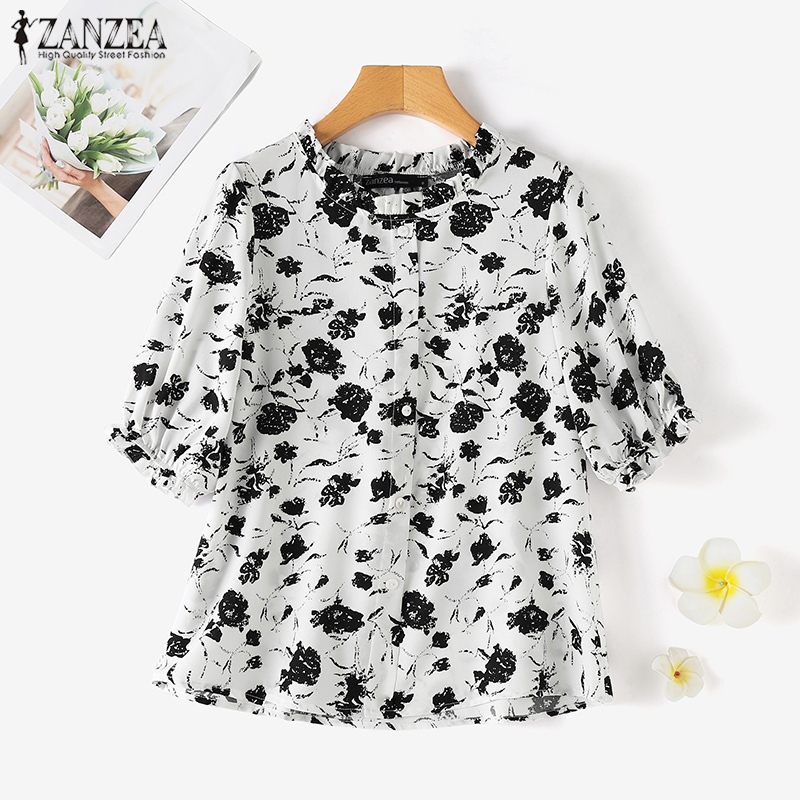 Zanzea เสื้อเบลาส์ คอกลม แขน 3/4 พิมพ์ลายดอกไม้ แฟชั่นสไตล์เกาหลี สําหรับผู้หญิง