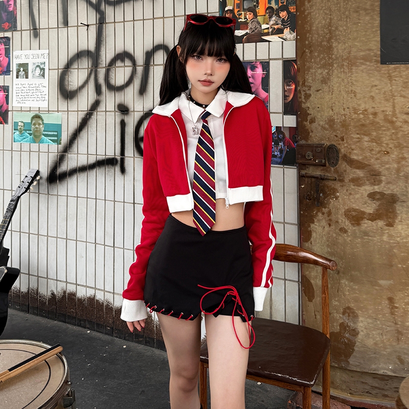 แปลก Puss Panelled Skinny ชุดกระโปรง Turn-down Collar แขนยาวลาย Navel สัมผัสเอวสูงสะโพก-Covering Casual แฟชั่นหวาน Preppy สไตล์