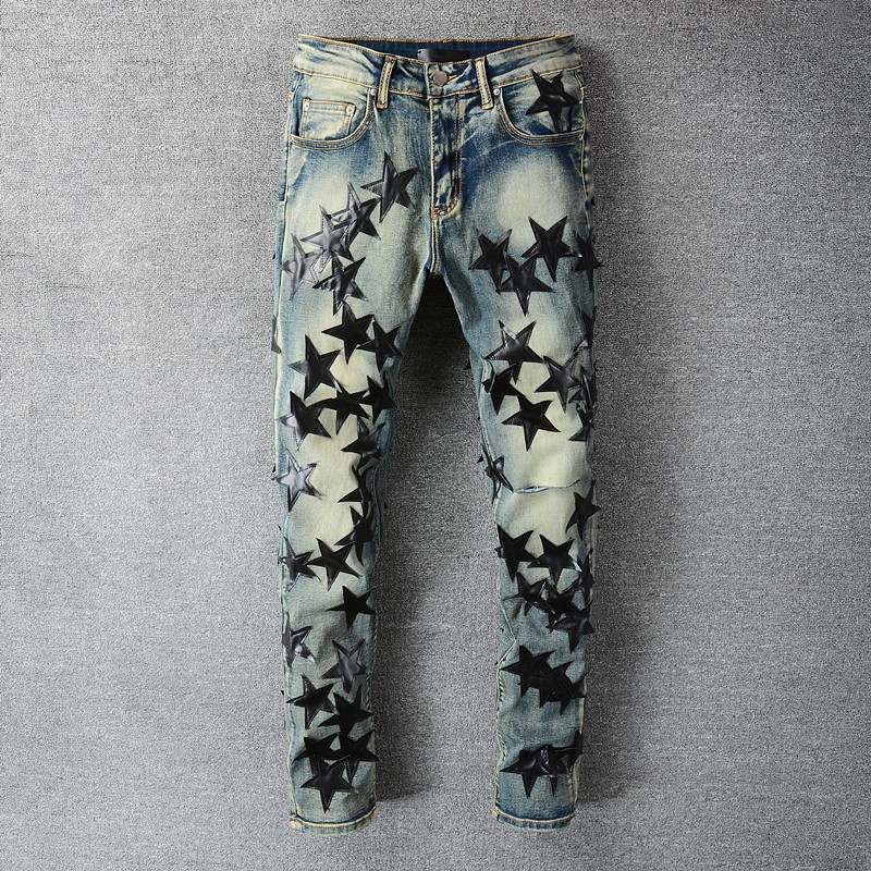Amiri High Street Fashion Man Jeans กางเกงยีนส์สีน้ำเงินสลิมพอดีกับกางเกงยีนส์ยืดฉีกออกแบบกางเกงยีนส์สไตล์ฮิปฮอปของผู้ชาย