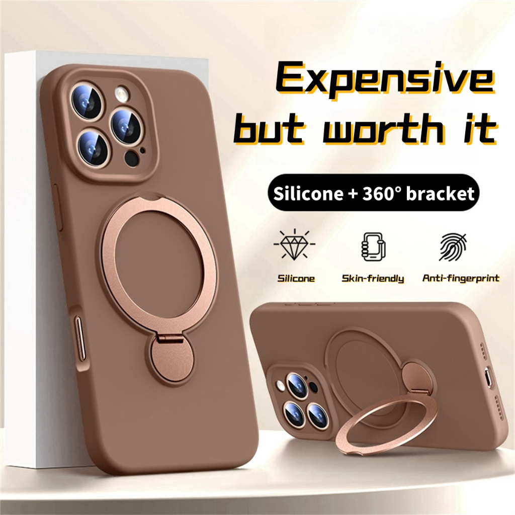 ปลอกเคสโทรศัพท์แบบนิ่มซิลิโคนเหลวหรูหราพร้อม 360° ขาตั้งหมุนได้สําหรับ iPhone 16 15 14 13 Pro Max เคสแม่เหล็กกันกระแทก 15pro การชาร์จแบบไร้สาย