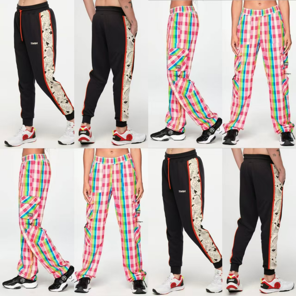 Zumba 2024 กางเกงกีฬากางเกงผู้หญิงกีฬาฟิตเนส Zumba ลายสก๊อตสีดําสี-Blocking Terry กางเกง