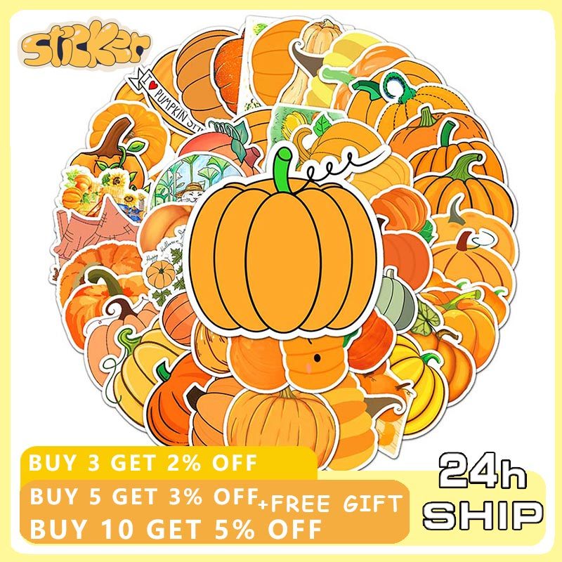 50ชิ้นการ์ตูนฟักทองสติกเกอร์ ทําเอง สเก็ตบอร์ดตู้เย็นแล็ปท็อปกันน้ําผักสติกเกอร์อาหาร