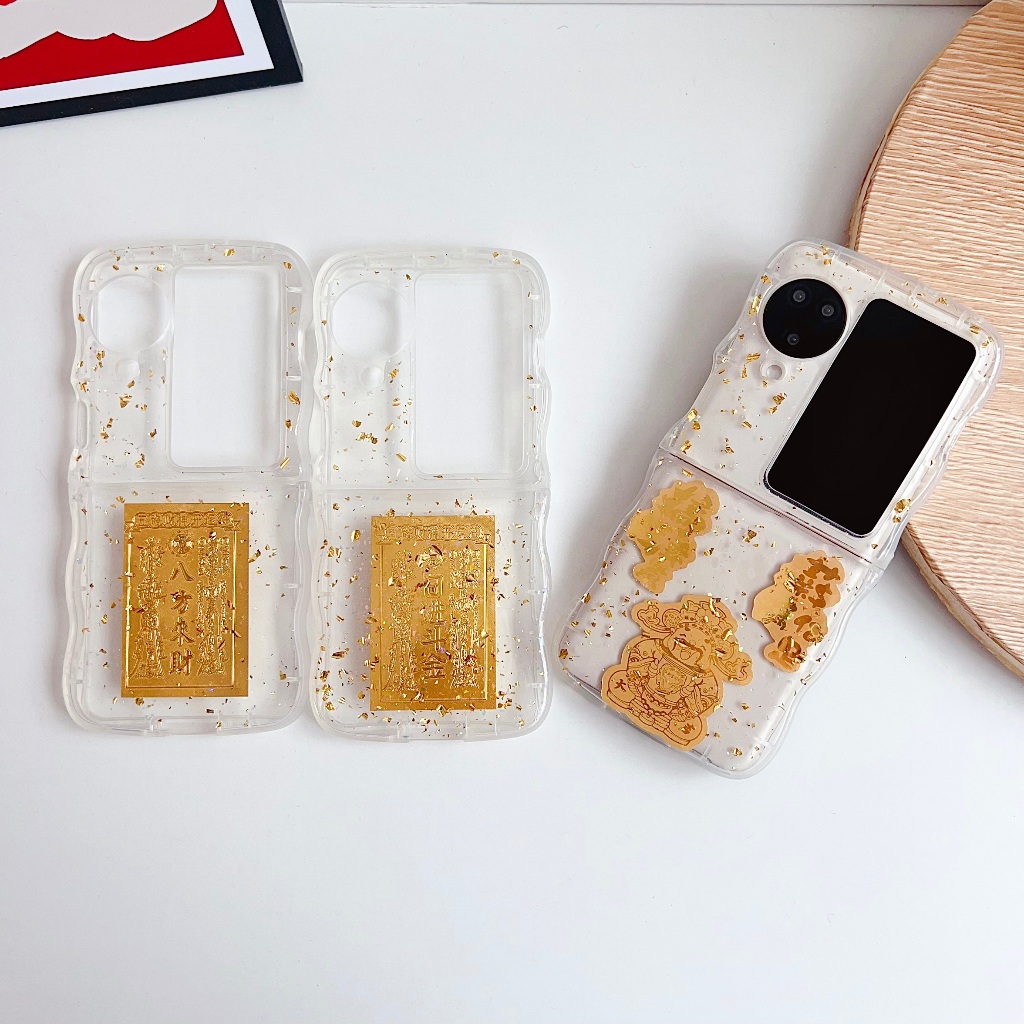 สําหรับ OPPO FIND N3 FLIP เคสโทรศัพท์ Glitter Gold รูปแบบโปร่งใสขอบ Ultrathin Hard ฝาหลัง