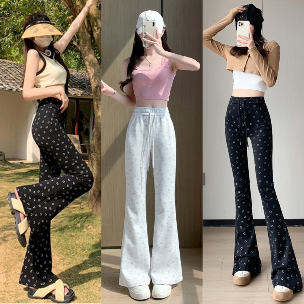 Hotgirl พร้อมส่ง กางเกงขายาวผู้หญิง กางเกงขาบาน ดีไซน์เชือกรูด พิมพ์ลายยิ้ม ผ้าสบายๆ รุ่นใหม่ล่าสุด ลําลอง