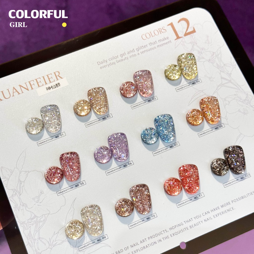 【พร้อมส่ง】สสีเจล XUANFEIER สีกากเพชร+เลเซอร์แฟลช 12 สี แถม ชาร์ทสี(XUANFEIER ) สีเจลแฟลช ฟรีชาร์ทสี