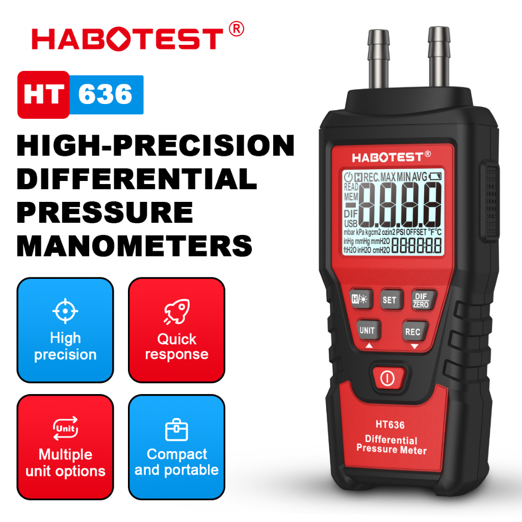 Habotest HT636 เครื่องวัดความดันแบบดิจิตอล Manometer Differential Manifold การตรวจจับความดันสูญญากาศเครื่องวัดความดันอากาศ