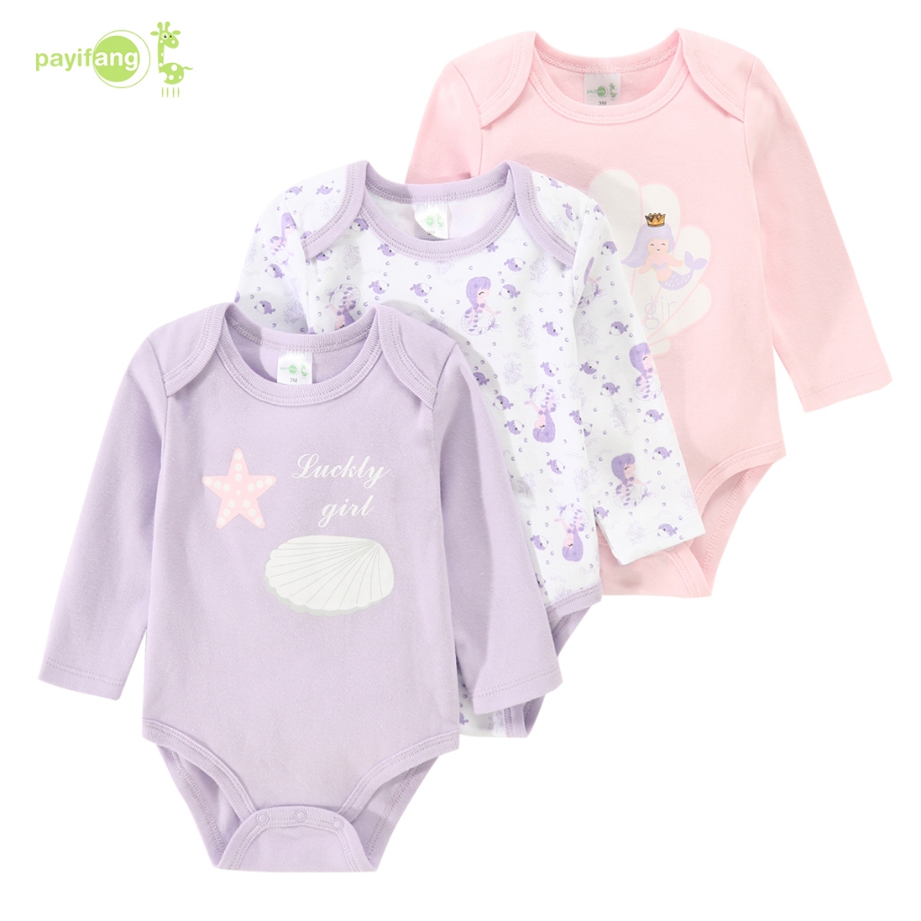 PAYI BABY-3 ชิ้น รูปแบบนางเงือกสีม่วงเด็กผู้หญิง ชุดบอดี้สูททารกแรกเกิดผ้าฝ้ายนุ่มแขนยาว