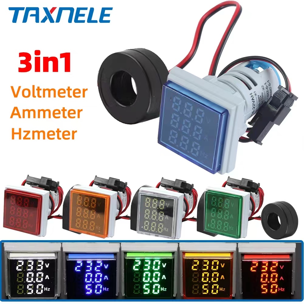 3in1 โวลต์ Amp Hz เมตรตัวบ่งชี้ 22 มม.ดิจิตอล AC 60-500V 1-100A 20-75Hz ความถี่ปัจจุบัน