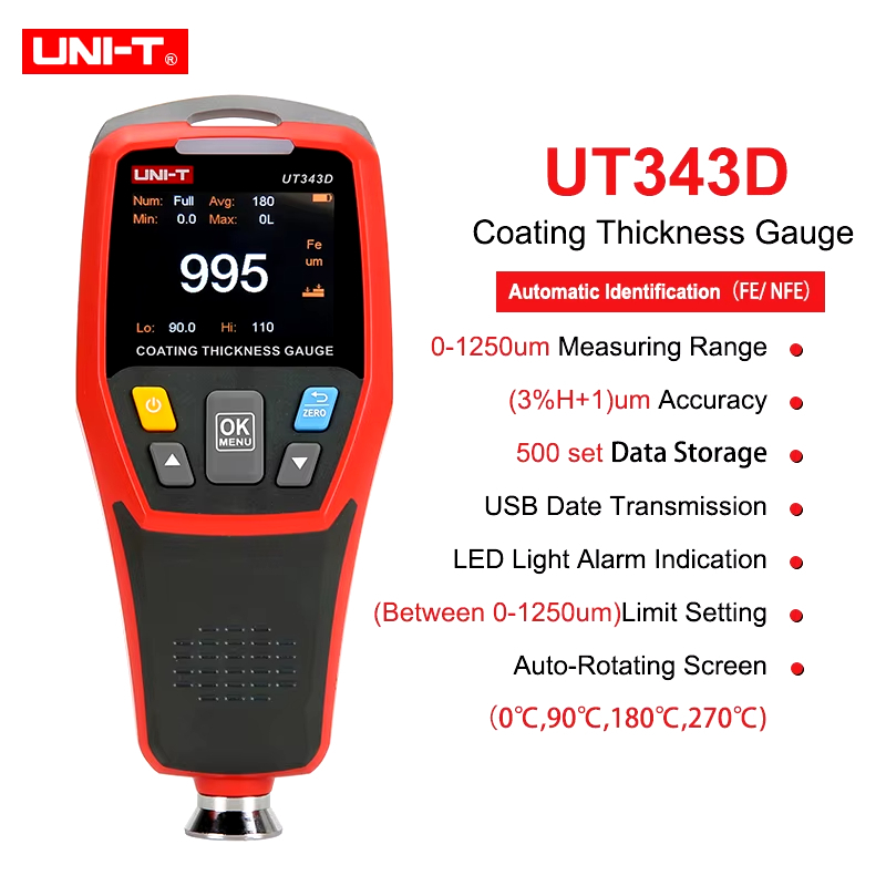 เครื่องมือวัดความหนาผิวเคลือบ UNI-T UT343A   UT343D ดิจิตอล สำหรับวัดความหนาสีเคลือบรถยนต์ Coating T