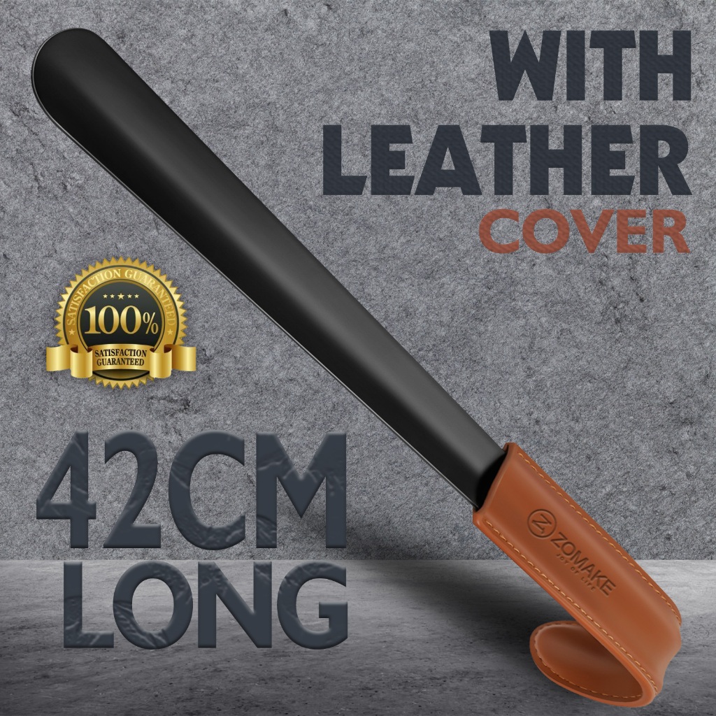 ZOMAKE Shoehorn ช้อนใส่รองเท้า ฮอร์นรองเท้าที่มีด้ามจับยาวพร้อมสายหนังสแตนเลสช้อนรองเท้าสำหรับรองเท้า ด้ามจับหนัง ยาว
