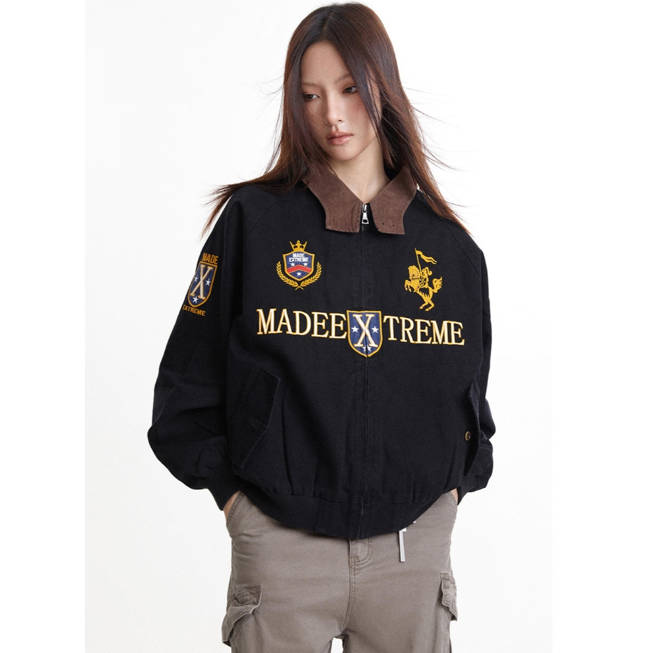 SUIKONE Suicon เสื้อแจ็คเก็ต Harrington ระดับไฮเอนด์สไตล์อเมริกันฤดูใบไม้ร่วงผู้ชายและผู้หญิงเสื้อโค้ทปักลายย้อนยุค — صورة 7