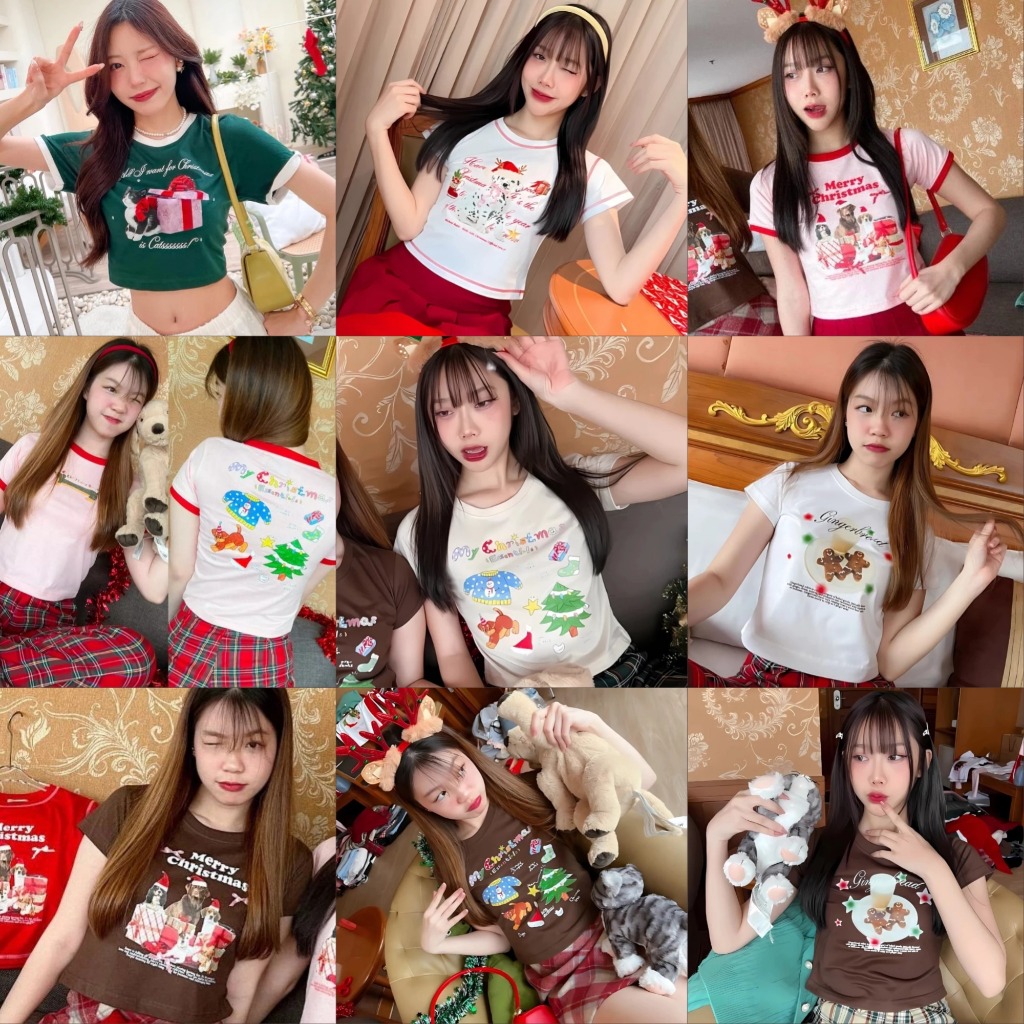 Merry Christmas Collection Baby Tee คริสต์มาสแขนสั้นคอกลมเสื้อยืด Crop Top พิมพ์ต้นคริสต์มาส & Santa Claus & Elk Christmas Party ชุด 2025