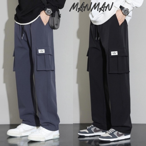 MANMAN ลำลองสำหรับผู้ชาย กีฬาหลวม กางเกงทรงตรงสีทึบ