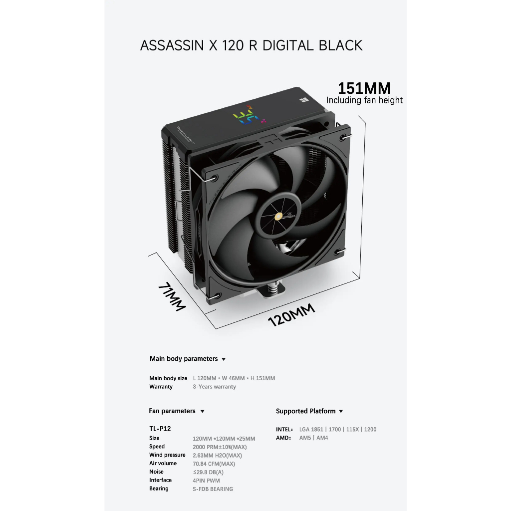 Thermalright TL-AX120 R DIGITAL ARGB CPU Air Cooling หม้อน้ํา AGHP4.0/4 ท่อความร้อนรองรับ CPU ฮีทซิงค์แชสซี LGA1851/1700/115X/1200/AM5/AM4