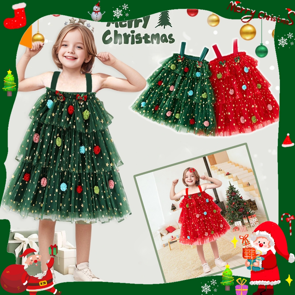 Xzq-little Girl Christmas Sling Dress Xmas Star พิมพ์สแควร์คอแขนกุด Layered Tulle ชุด Plush Ball หมวกคริสต์มาส