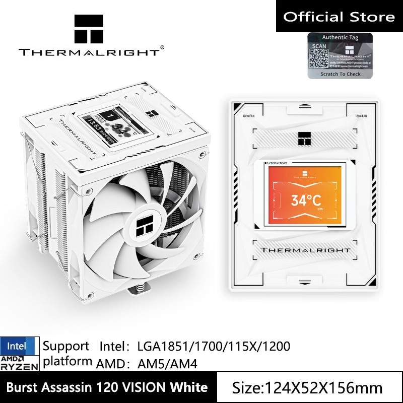 Thermalright Burst Assassin 120 VISION หม้อน้ําระบายความร้อน CPU สีขาวจอแสดงผล LCD ดิจิตอล 2.4 นิ้ว 6 ท่อความร้อน/รองรับ LGA1700/1150/1151/1200/1851, AMD AM4/AM5