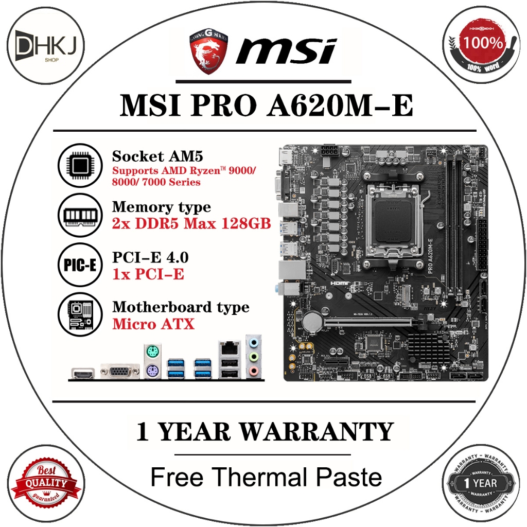 ใช้ MSI PRO A620M-E Micro-ATX AMD DDR5 6400+(OC) MHz M.2 PCIe 4.0 x16 64G รองรับซ็อกเก็ต AM5