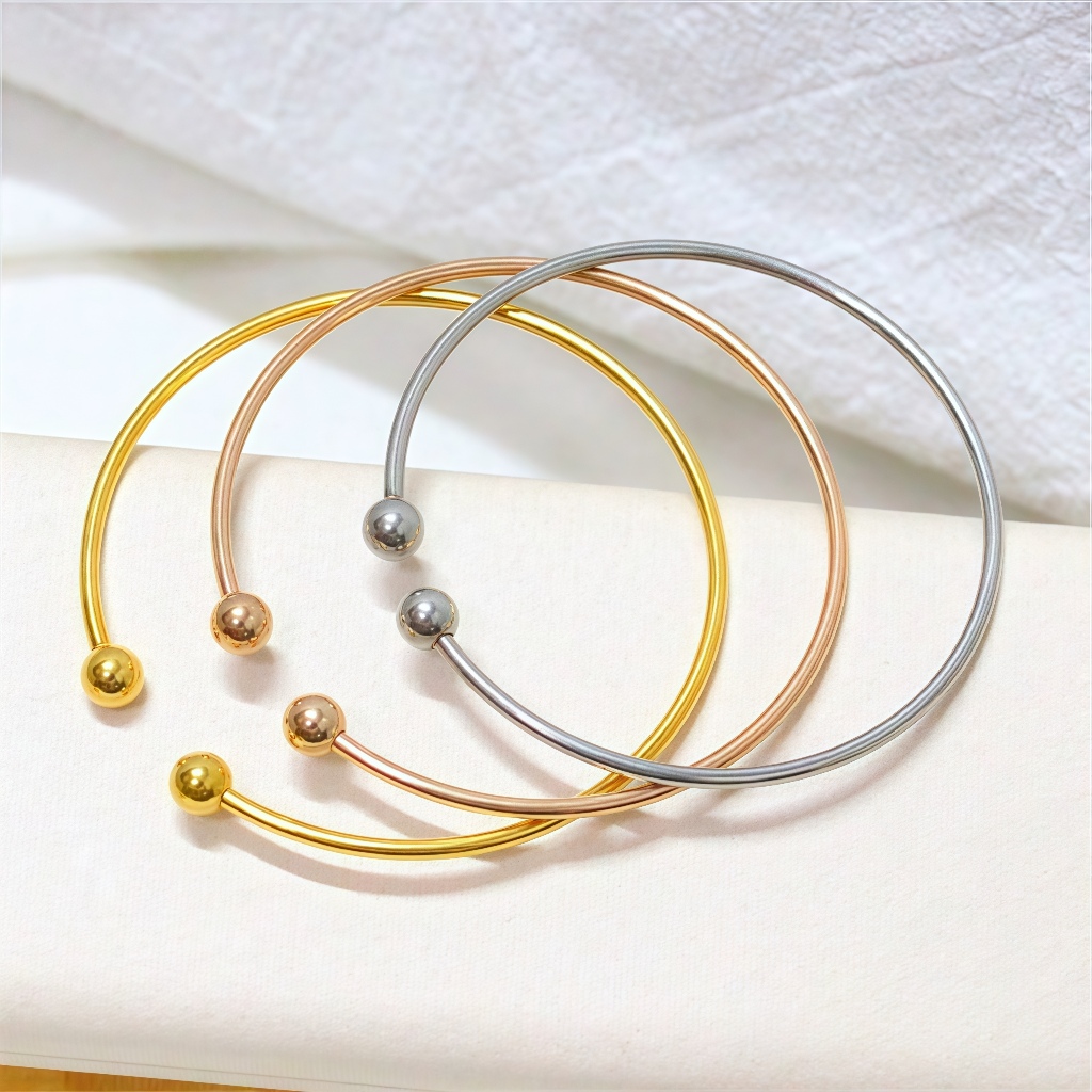 Retro Simple เปิดสร้อยข้อมือสแตนเลส All-Match อารมณ์ลูกปัดทองขนาดเล็กสร้อยข้อมือลูกปัดคู่แฟชั่น Glossy ธรรมดาวงกลมสร้อยข้อมือเครื่องประดับ