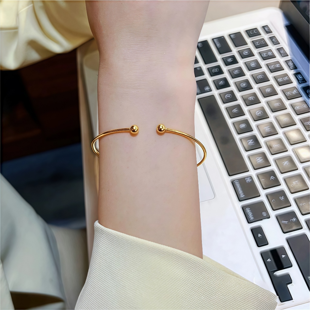 Retro Simple เปิดสร้อยข้อมือสแตนเลส All-Match อารมณ์ลูกปัดทองขนาดเล็กสร้อยข้อมือลูกปัดคู่แฟชั่น Glossy ธรรมดาวงกลมสร้อยข้อมือเครื่องประดับ - รูปที่ 4